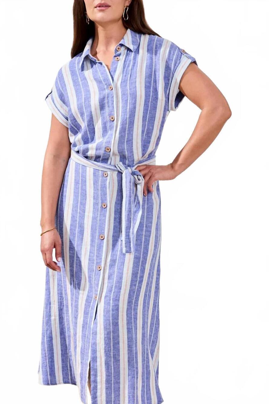 NEW TRIBAL linen blend short sleeve dress in blue white stripe